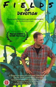 Movie poster with farmer, tractor, basil leaf and research equipment